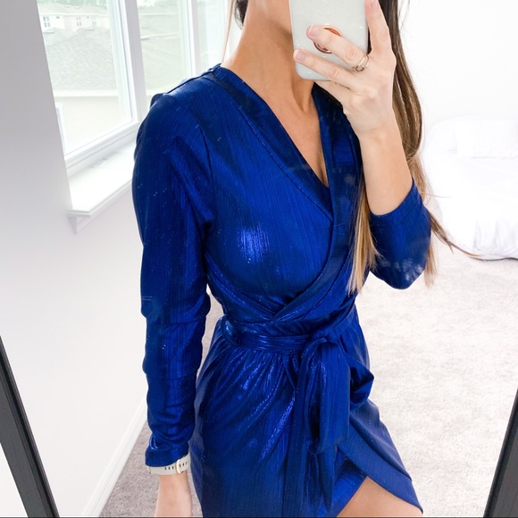 Blue Long Sleeve Metallic Asymmetrical Wrap Dress - Picture 7 of 11